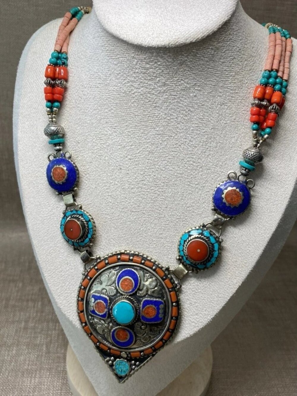 Antique Tibetan Himalayan 925 Silver Turquoise Coral Lapis Tribal Necklace 121g